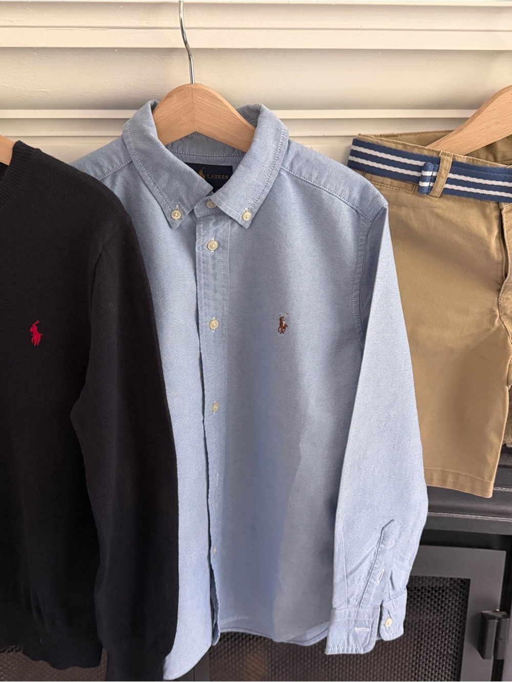 Polo by Ralph Lauren Light blue Shirt, navy v. Neck sweater & beige chino shorts
